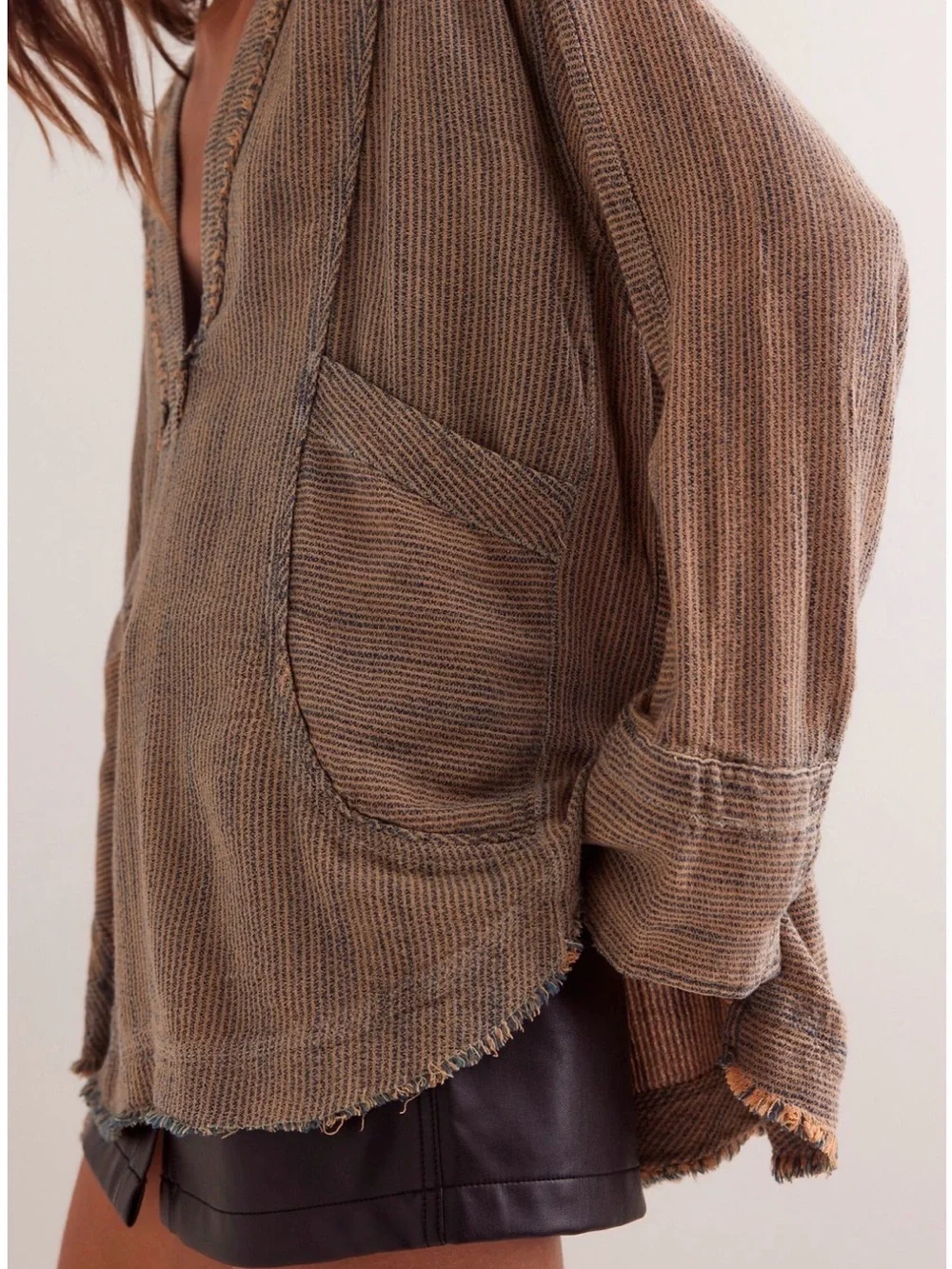 Free People We The Free By The Shore Slouchy Shirt Deep V-Neck Railroad Stripes - Picture 3 of 16